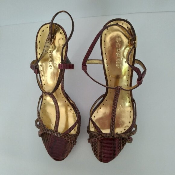 BCBGirls 'Minsy2' Cherrywood Snake Leather  T- Strappy Stiletto Platforms  Size9 - Picture 2 of 8